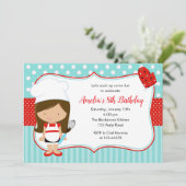 Koch Einladungen (Girl Aquamarin Red) Baking Gebur (Stehend Vorderseite)