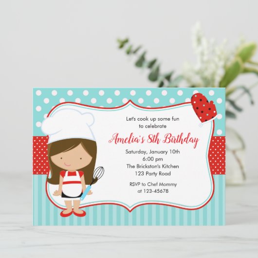 Koch Einladungen (Girl Aquamarin Red) Baking Gebur (Stehend Vorderseite)