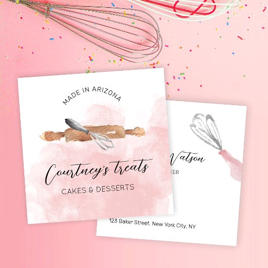Koch für Bäckereien Logo Pink Aquarell Catering Quadratische Visitenkarte