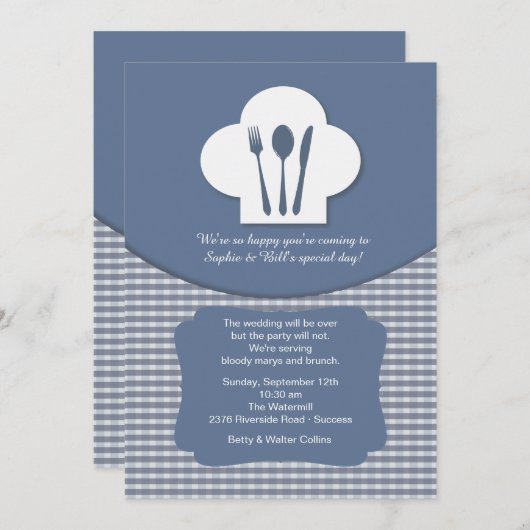 Koch Hut (blau) nach Hochzeitsfeiern Einladung (Vorne/Hinten)