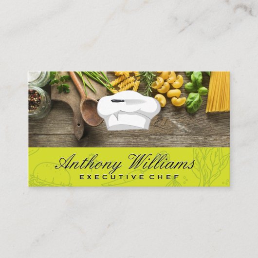 Koch-Hut und Messer | Holztisch für Teigwaren Visitenkarte (Vorderseite)