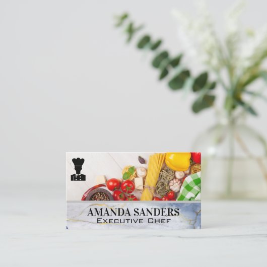 Koch-Logo | Gemüse Pasta | Marmor Visitenkarte (Stehend Vorderseite)