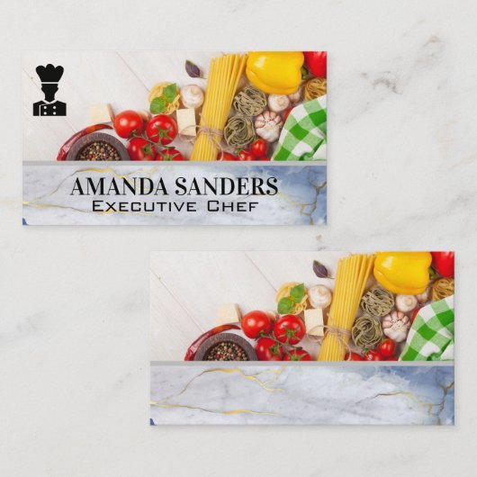 Koch-Logo | Gemüse Pasta | Marmor Visitenkarte (Vorne/Hinten)