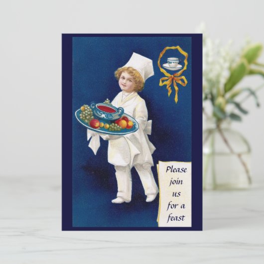 Koch mit Tureen des Suppen-und Frucht-Erntedanks Einladung (Stehend Vorderseite)