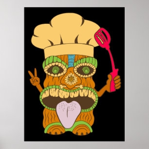Koch Tiki Statue mit Spatula, Funny Black Poster