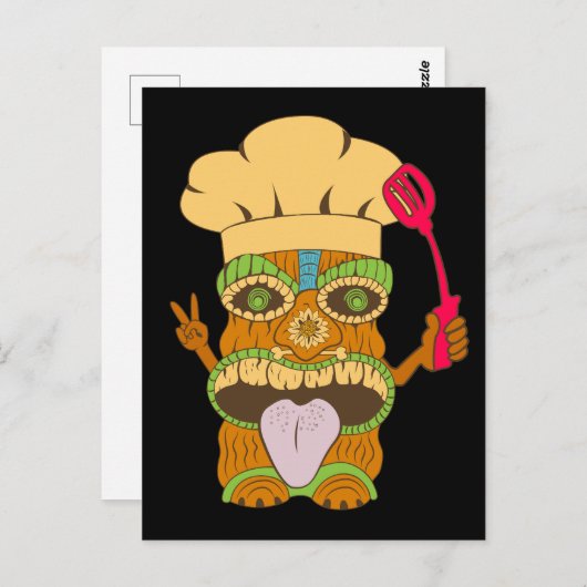 Koch Tiki Statue mit Spatula, Funny Black Postkarte (Vorne/Hinten)