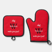 Koch William's Monogram + Name Modernes Script Red Ofenhandschuh & Topflappen-Set (Vorderseite)