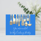 Kochen Party Koch Golden Kitchen Utensiva Blau Einladung (Stehend Vorderseite)