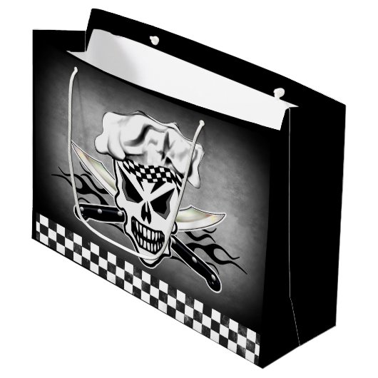 Kochs-Schädel und lodernde Kochs-Messer 2 Große Geschenktüte (Vorderseite Schrägansicht)