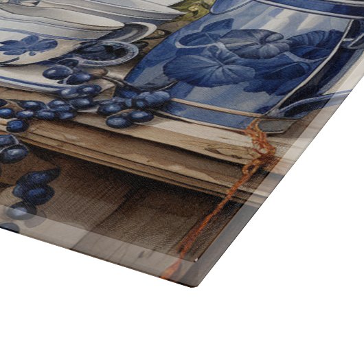 Kochschelf Blau Weiße Geschirr Orangen Schneidebrett (Ecke)