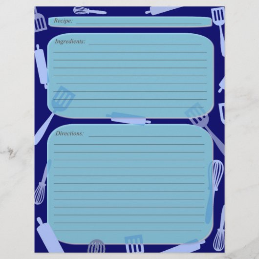 Kochutensilien in Blautönen - Rezeptseite (Vorderseite)