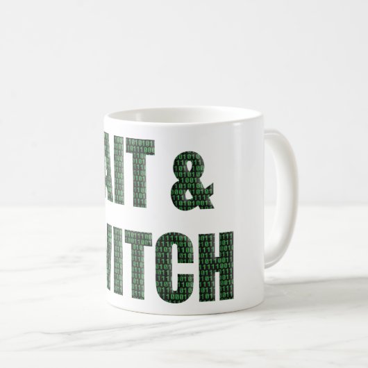 „Köder und Wechsel“ mit einer Binärcode-Überlageru Kaffeetasse (VorderseiteRechts)