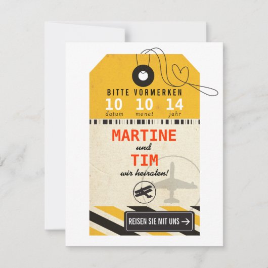 Kofferger Reiseziel Hochzeit Save the Date (Vorderseite)