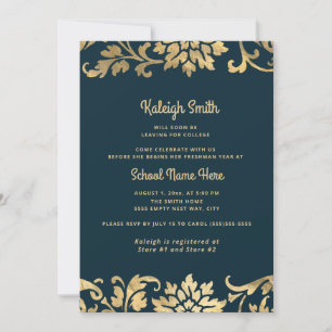 Kofferparty Navyblau Vintage-Gold Abschluss Einladung