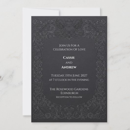 Kohle-Gotik-Rosen-Raben-Hochzeit Einladung (Vorderseite)
