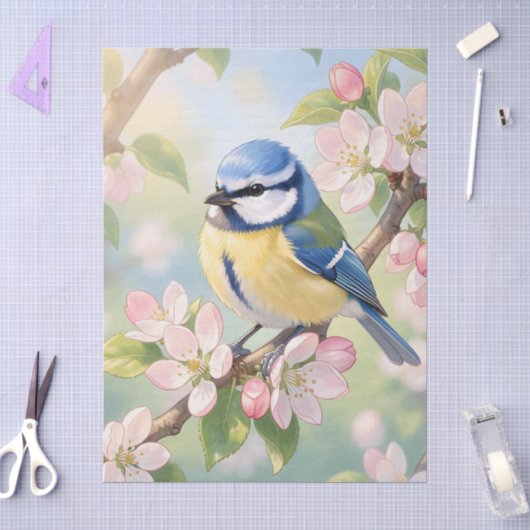 Kohlmeise auf Apfelbaum - Frühlingsdecoupage Seidenpapier (Basteln)