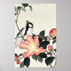 Kohlmeise auf rosa Blüten von Ohara Koson Poster