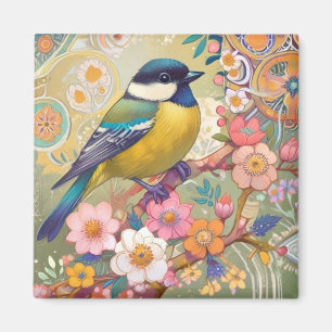 Kohlmeise Chickadee Vogel Bunt Blumen Magnet