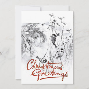 Kohlmeisen-Vogel Vintage-Skizze Weihnachtsgrüße Feiertagskarte