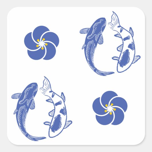 Koi Blossom Crest: Serene Blue Edition Quadratischer Aufkleber (Vorderseite)