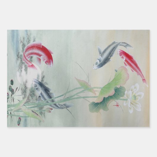 Koi Fisch, Bamboo, Pflaumenblümchen Geschenkpapier Set (Vorderseite)