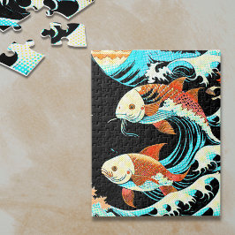 Koi-Fisch in einer großen Welle im Comic-Stil  Puzzle