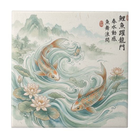 Koi-Fisch Lotus-Tusche-Wasch-Kunst Fliese (Vorderseite)