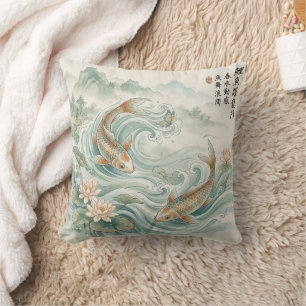Koi-Fisch-Lotus-Tusche-Wasch-Kunst Kissen