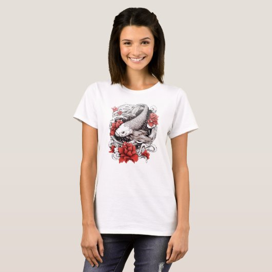 Koi Fisch mit Blume | Japanisches Design T-Shirt (Vorne ganz)