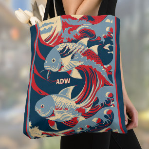 Koi-Fisch mit rotem blauem Great Wave-Monogramm Tasche