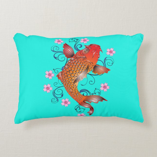 Koi Fisch orientalisch orange türkis floral elegan Dekokissen (Vorderseite)