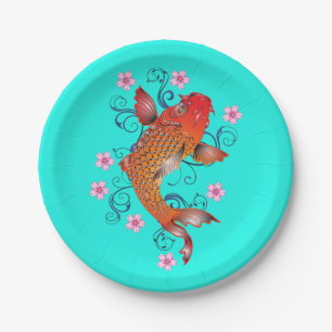 Koi Fisch orientalisch orange türkis floral elegan Pappteller