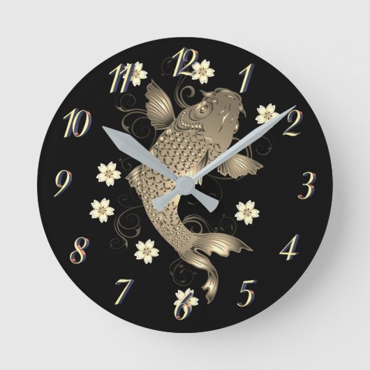 Koi Fisch orientalisch schwarz und gold floral ele Runde Wanduhr (Vorderseite)