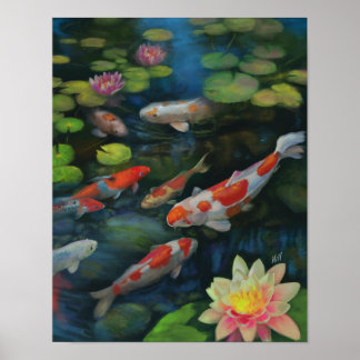 Koi Fisch Schwimmbad Lotus Blume Zen Malerei Poster