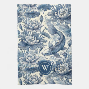 Koi-Fisch-Seerose Blau Chinoiserie Toile Initiale Geschirrtuch