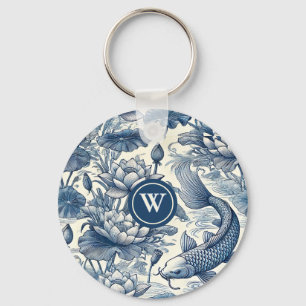 Koi-Fisch-Seerose Blau Chinoiserie Toile Initiale Schlüsselanhänger