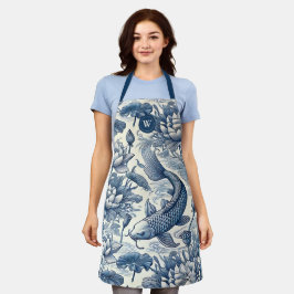 Koi-Fisch-Seerose Blau Chinoiserie Toile Initiale Schürze