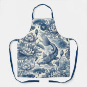 Koi-Fisch-Seerose Blau Chinoiserie Toile Initiale Schürze (Vorderseite)