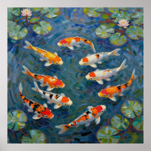 Koi-Fisch-Seerosen-Impressionisten-Teich Poster