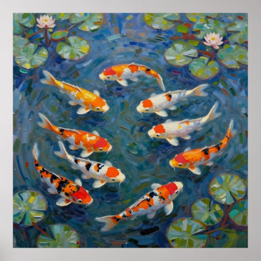 Koi-Fisch-Seerosen-Impressionisten-Teich Poster (Vorne)