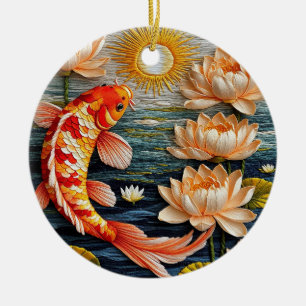 Koi-Fisch umgeben von Lotusblumen Keramik Ornament