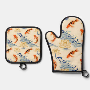Koi-Fisch und Lotus Nahtloses Muster Ofenhandschuh & Topflappen-Set
