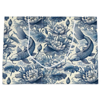 Koi-Fisch und Wasserlilie Blau Chinoiserie Toile Große Geschenktüte