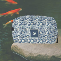 Koi-Fisch und Wasserlilien Blau Chinoiserie Monogr