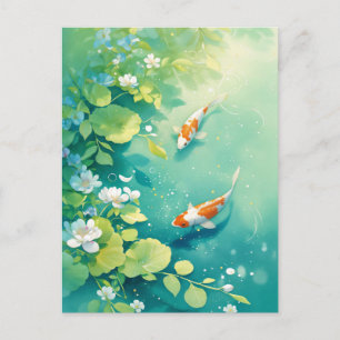 Koi Fische schwimmen im smaragdgrünen Wassergarten Postkarte