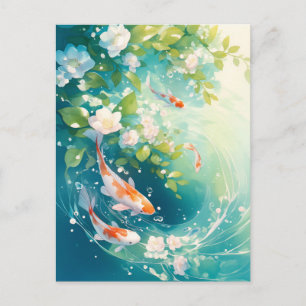 Koi-Fische schwimmen im türkisfarbenen Blumenwasse Postkarte