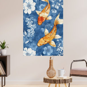 Koi-Fische und das tiefe Indigoblau der Blüten Poster