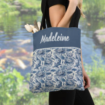 Koi-Fische und Wasserlilien Blau Chinoiserie Monog