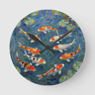 Koi-Fische Wasserlilien Impressionistischer Teich Runde Wanduhr