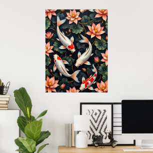 Koi Fish and Lotus Blume Poster